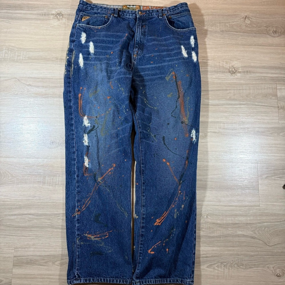 Akademiks Splatter Dark Jeans Distressed Sz 40X34 Baggy Denim Selected Materials - Picture 2 of 8